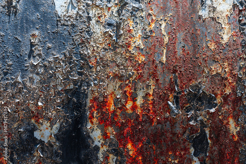 The metal surface is old, with peeling black paint with red rust. Background with metal texture.