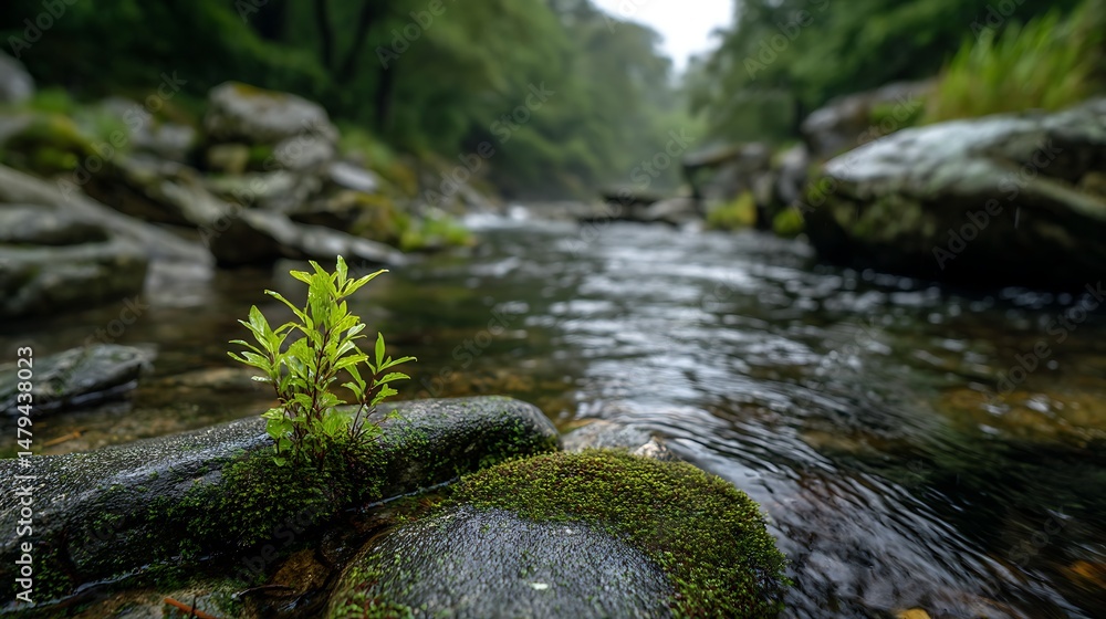 Naklejka premium Small Green Plant Sprouting on Rocks in a River .