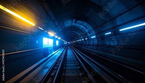 A futuristic tunnel view with illuminated tracks, creating a sense of motion and depth in a sleek, modern environment