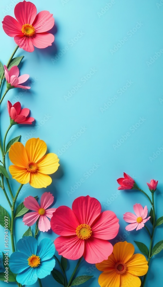 Colorful handmade paper blooms against soft blue, central blank space , artwork, spring, image Colorful handmade paper blooms against soft blue, central blank space , artwork, spring, image