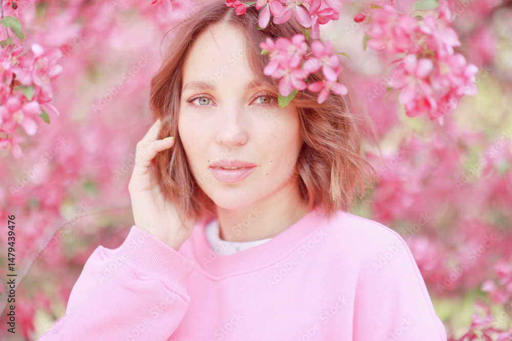 Fototapeta premium Springtime background, a woman in pink in a blooming cherry orchard, a model posing in a romantic style