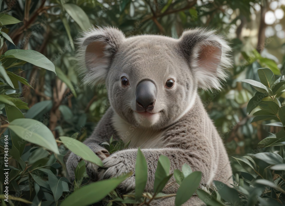 Fototapeta premium Adorable koala joey nestled amongst eucalyptus leaves, seamless repeat , wildlife, element, bush