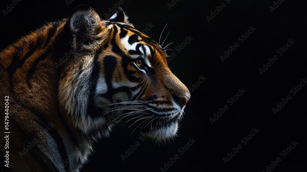 Fototapeta premium Striking portrait of a tiger in profile against a dark backdrop