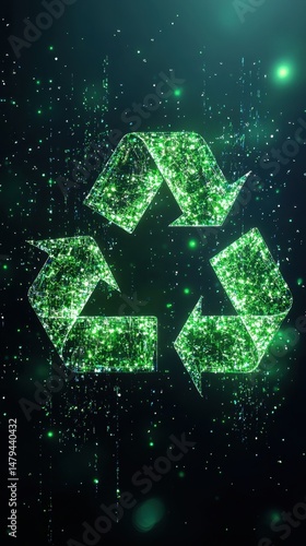 Digital Green Recycling Symbol Sparkles on Dark Background Concept of Sustainability and Environmental Awareness