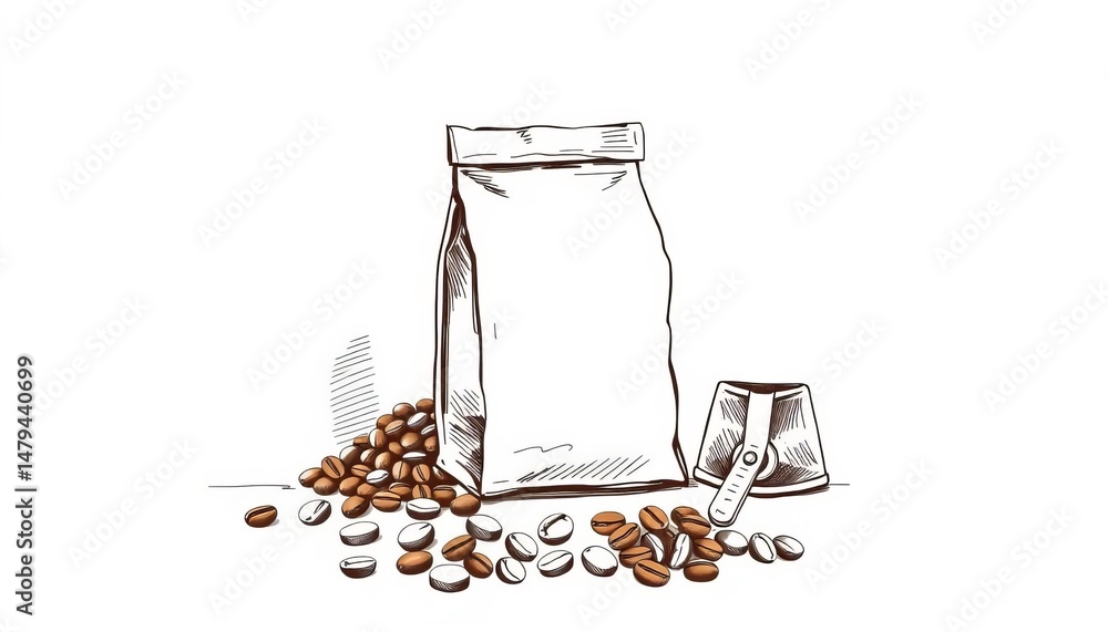 Obraz premium Hand-drawn sketch of coffee bag, grinder, beans, and blade Perfect for cafe menu or packaging, dark, caffeine