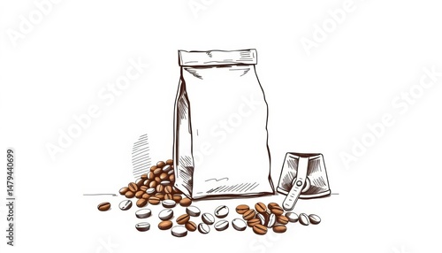 Hand-drawn sketch of coffee bag, grinder, beans, and blade  Perfect for cafe menu or packaging,  dark,  caffeine