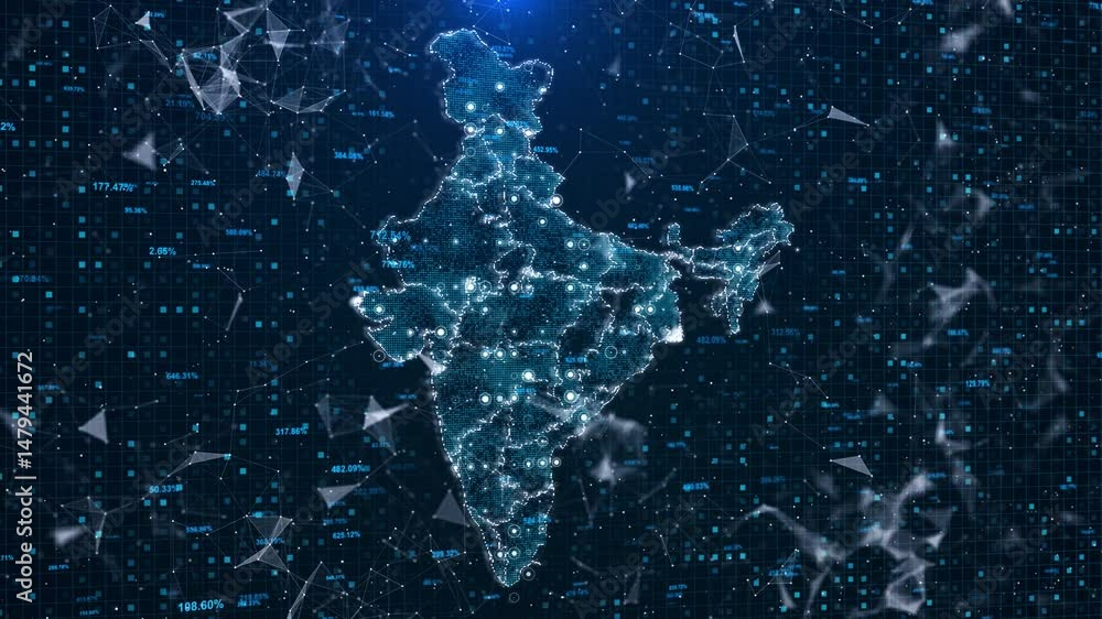 Futuristic Digital India indian Map World Map geometric Animation cyber technology Hud digital glitch, Cyber hacker business slideshows presentation, financial economic grid wireframe territory border