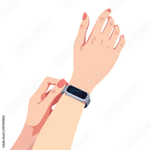 Woman adjusting sleek smart bracelet on wrist, wearable technology