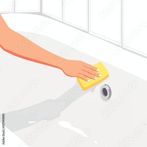 Woman scrubbing bathtub grime with sponge, home cleanliness concept