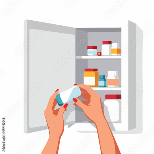 Woman organizing colorful medicine bottles in white cabinet, orderliness