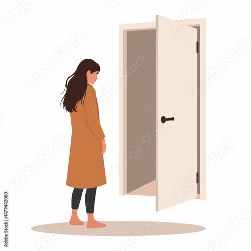 Sad woman standing before open door, feeling lost and uncertain