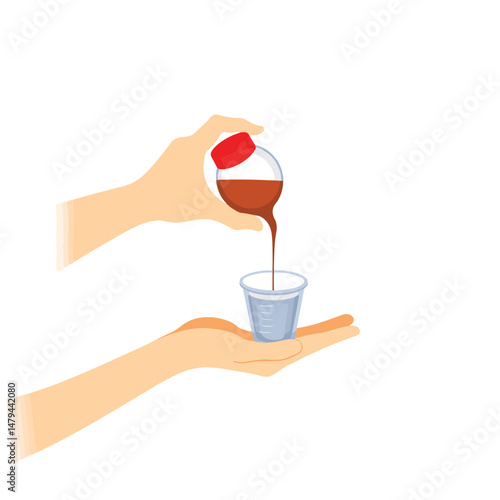 Woman pouring cough syrup into measuring cup on white background, health care