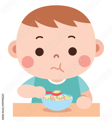 Cartoon Baby Boy Eating Cereal

