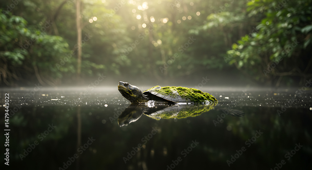 Fototapeta premium Close Up View Of A Tortoise Exploring Forest Floor A Natural Peaceful Scene