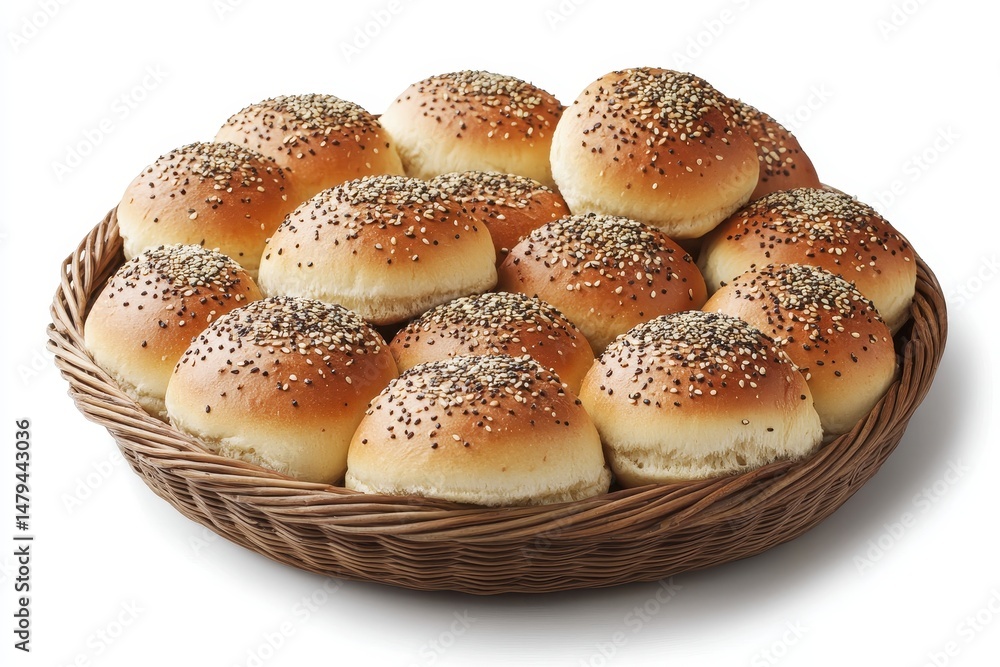 A wicker basket overflowing with golden-brown, seed-topped bread rolls A wicker basket overflowing with golden-brown, seed-topped bread rolls