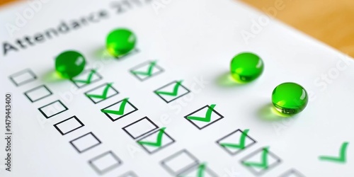 Green checkmarks on office attendance sheet, checklist design,  project,  stationery
