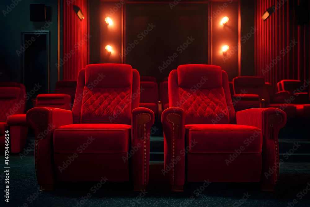 Obraz premium Luxurious red velvet cinema seats await moviegoers in a stylish theater, promising an immersive entertainment experience.