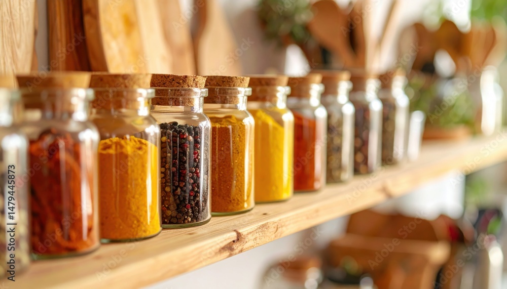 Spice Rack Display: A vibrant and inviting showcase of colorful spices, carefully arranged in glass jars with cork lids on a wooden shelf, embodying the essence of culinary creativity. Spice Rack Display: A vibrant and inviting showcase of colorful spices, carefully arranged in glass jars with cork lids on a wooden shelf, embodying the essence of culinary creativity.