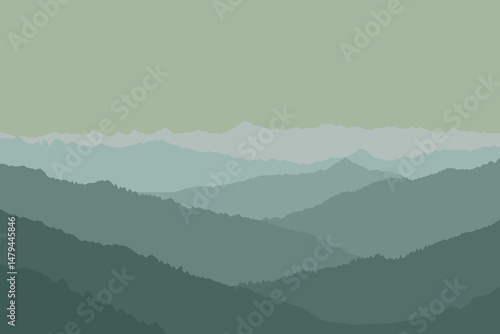 Image of a majestic mountain range landscape. Silhouette of mountains with a monotone gradient of greyish green color palette.