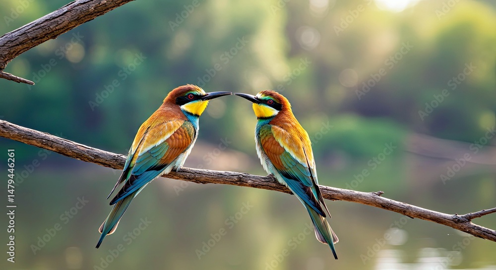 Obraz premium Pair of Colorful Bee-Eater Birds (Merops apiaster); Artistic Avian Wildlife Portrait