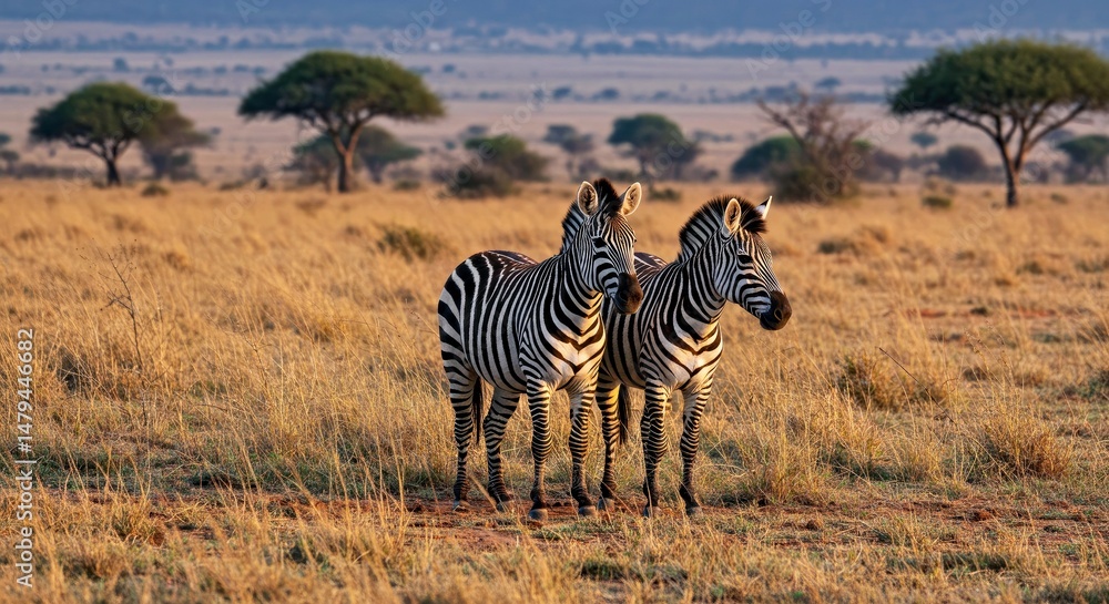 Naklejka premium Two Plains Zebras (Equus burchelli) in South Africa; Natural Habitat Wildlife Photography