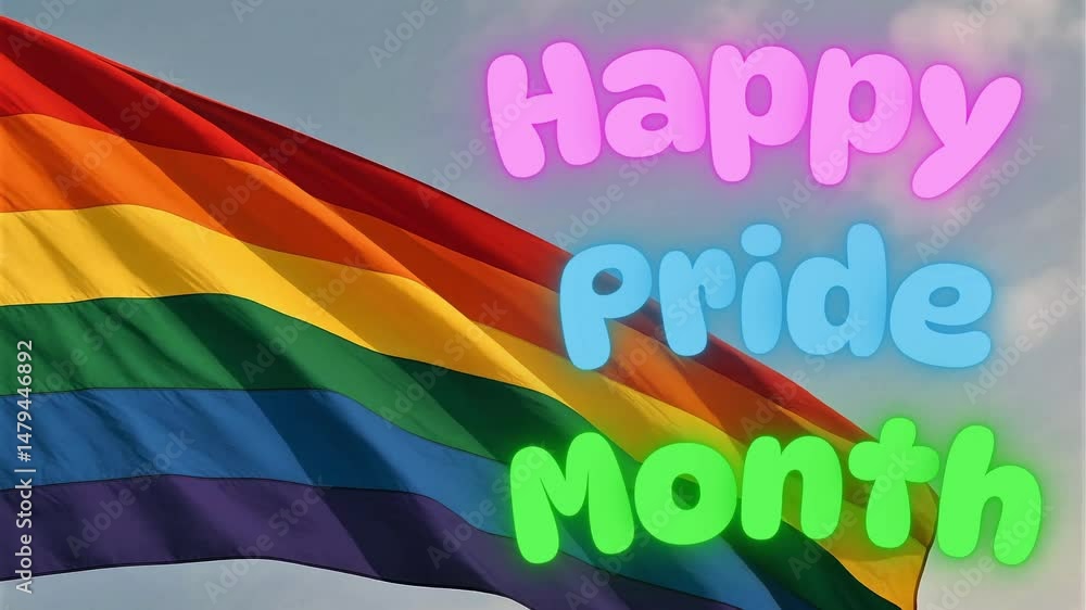 Happy Pride Month. Holiday greeting with animated bright text “Happy Pride Month” on the background of the LGBTQ+ flag and light blue sky