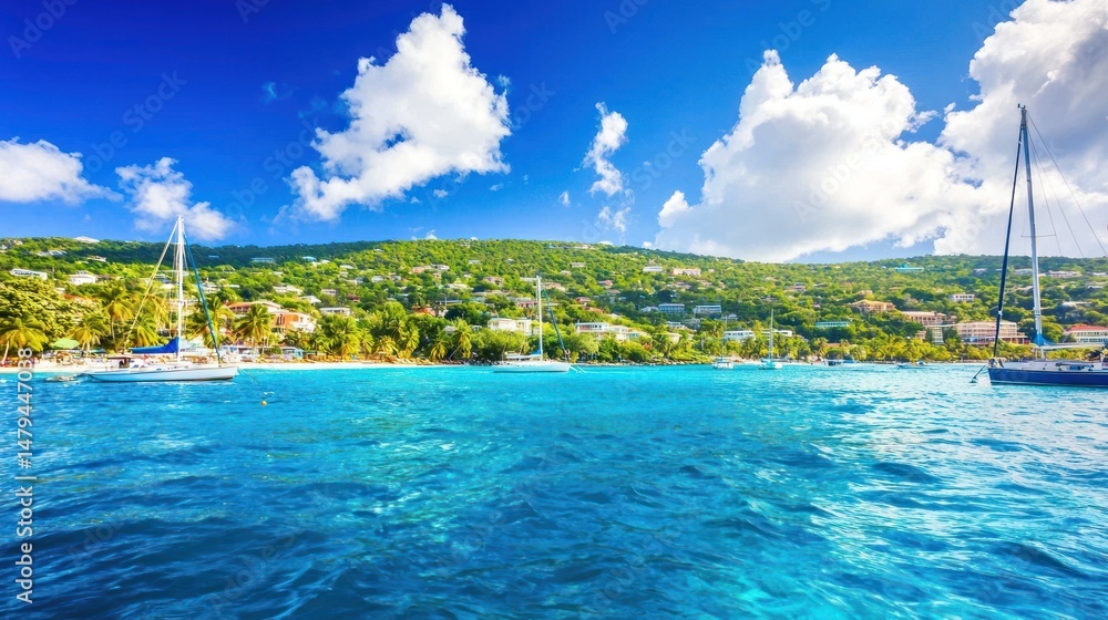 Obraz premium Picturesque tropical bay with sailboats and lush hills.