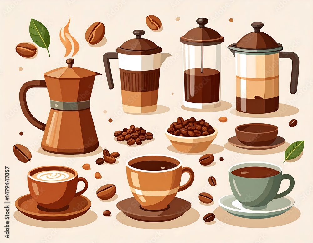 Obraz premium Vector set of brown coffee icons features a cup, mug, beans, and steam for hot cafe drinks like espresso, cappuccino, latte, mocha, and tea