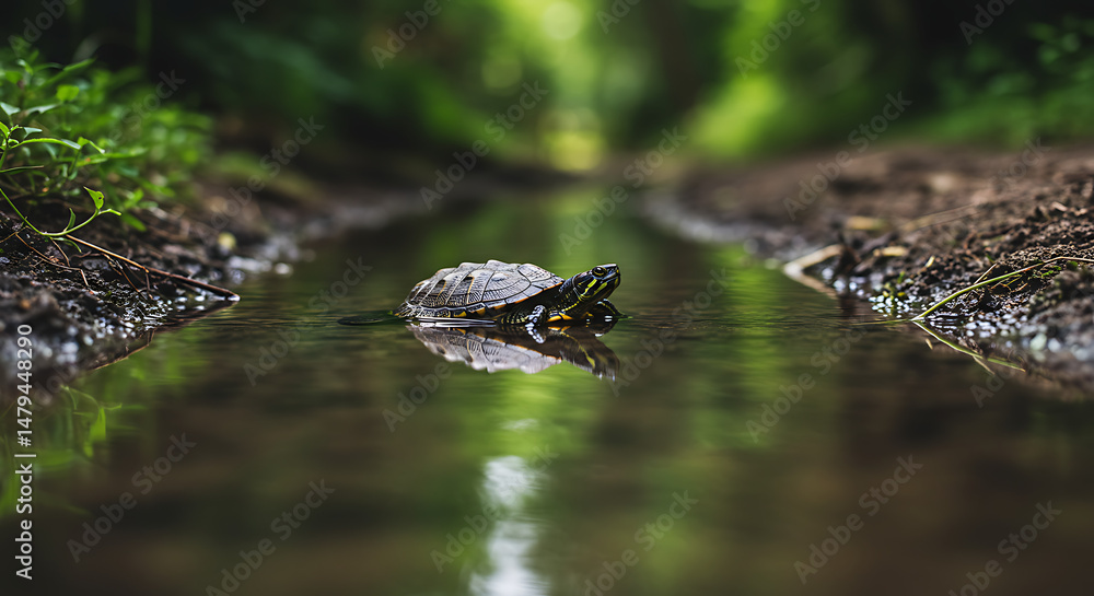 Obraz premium Tiny turtle serene moment in tranquil stream nature's gentle beauty unfolds