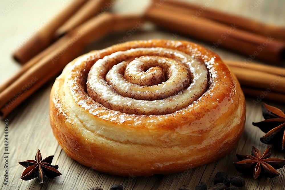 Fototapeta premium Cinnamon roll on a wooden surface