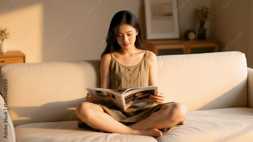 A woman with long dark hair is sitting on a light-colored couch, reading a book. She is wearing a light-colored, sleeveless top and shorts. A woman with long dark hair is sitting on a light-colored couch, reading a book. She is wearing a light-colored, sleeveless top and shorts.