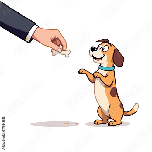 Vsai businessman giving bone shaped treat to happy dog