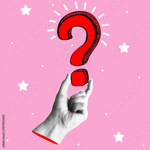 Trendy halftone banner with human hand holding question mark. Query FAQ concept, finding answer.  Modern retro style. Contemporary collage for design template. Vector illustration
