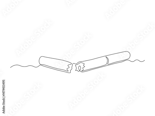 Abstract torn, broken cigarette,continuous single line art hand drawing sketch logo