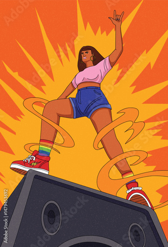 Rocker Girl Standing on a Speaker