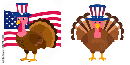 A Turkey wear uncle sam hat and red white blue American flag overlay on scraf. Independence Day 4th of July Patriotism Usa America Clipart Line Art Vector Illustration. Fowl with patriotic.