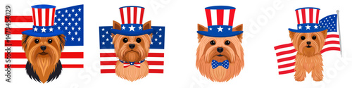 A Yorkshire Terrier Dog wear uncle sam hat and red white blue American flag overlay. Independence Day 4th of July Patriotism Usa America Clipart Line Art Vector Illustration. Tiny yorkie.
