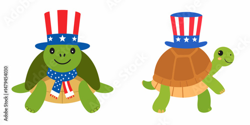 A Turtle wear uncle sam hat and red white blue American flag overlay on scraf. Independence Day 4th of July Patriotism Usa America Clipart Line Art Vector Illustration. Tortoise in patriotic.