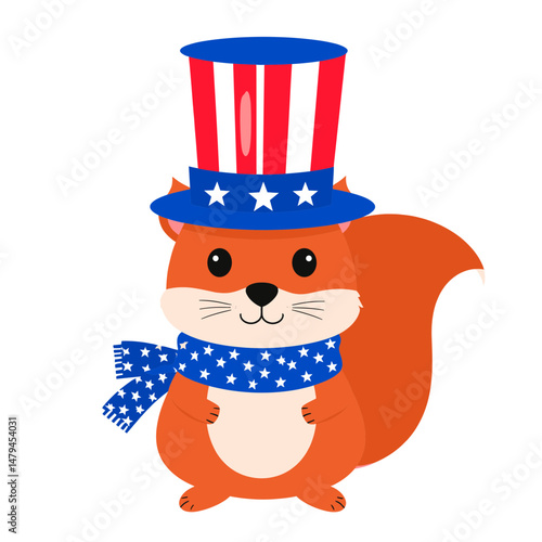 A Squirrel wear uncle sam hat and red white blue American flag overlay on scraf. Independence Day 4th of July Patriotism Usa America Clipart Line Art Vector Illustration. Rodent donning.