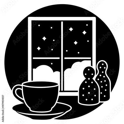 Cozy tea and ginger snap cookies by window silhouette vector illustration 