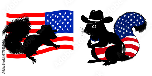 A Squirrel as cowboy wear hat and red white blue American flag overlay on scra. Independence Day 4th of July Patriotism Usa America Clipart Line Art Vector Illustration. Rodent in western.