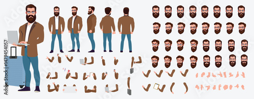 Man Character design. Front, side, back view and explainer animation poses. Character set with lip sync and facial expressions of Happy, angry, sad, Joy with Side walk cycle animation sequence sprite 