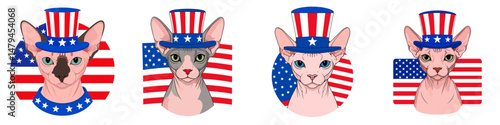 A Sphynx Cat wear uncle sam hat and red white blue American flag overlay on scraf. Independence Day 4th of July Patriotism Usa America Clipart Line Art Vector Illustration. Patriotic naked.