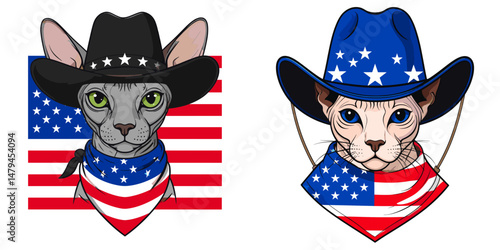 A Sphynx Cat as cowboy wear hat and red white blue American flag overlay on. Independence Day 4th of July Patriotism Usa America Clipart Line Art Vector Illustration. Hairless feline.