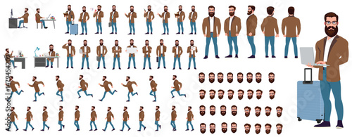 Man Character design. Front, side, back view and explainer animation poses. Character set with lip sync and facial expressions of Happy, angry, sad, Joy with Side walk cycle animation sequence sprite 