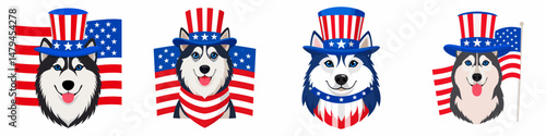A Siberian Husky Dog wear uncle sam hat and red white blue American flag overlay on. Independence Day 4th of July Patriotism Usa America Clipart Line Art Vector Illustration. Canine pal.