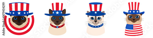 A Siamese Cat wear uncle sam hat and red white blue American flag overlay on scraf. Independence Day 4th of July Patriotism Usa America Clipart Line Art Vector Illustration. Patriotic.