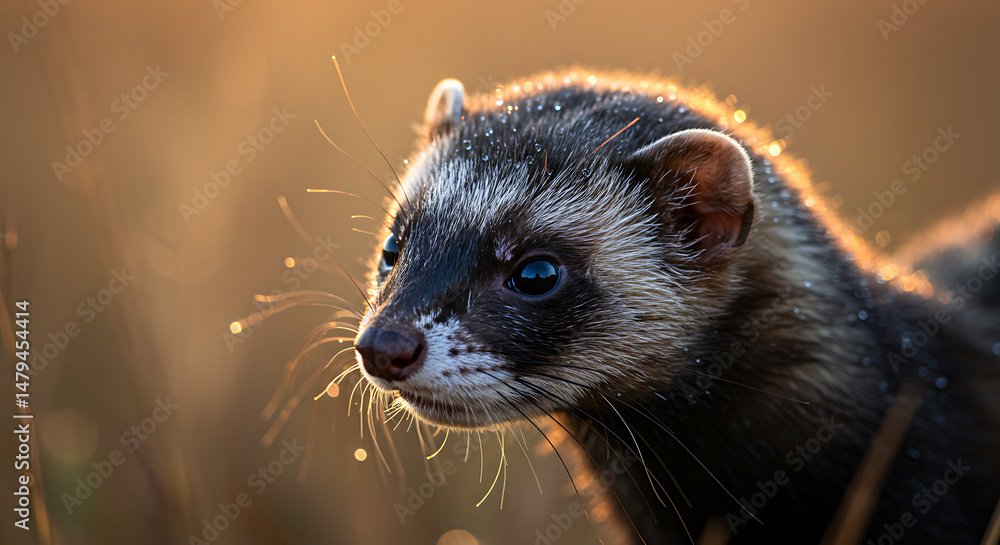 Fototapeta premium Golden hour magic illuminates this beautiful European polecat its captivating gaze mesmerizing