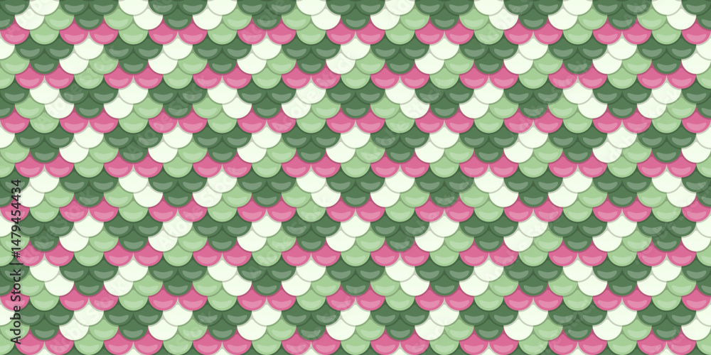 Seamless pastel green, pink  white fish scale pattern.  Elegant, textured design perfect for backgrounds, textiles, or packaging.  Evokes serenity and subtle sophistication.