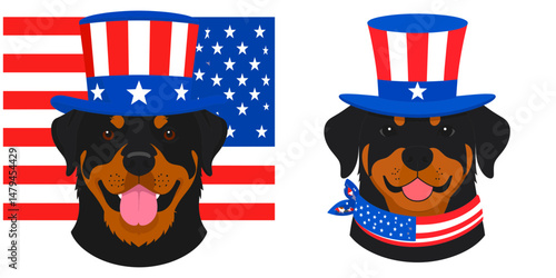 A Rottweiler Dog wear uncle sam hat and red white blue American flag overlay on scraf. Independence Day 4th of July Patriotism Usa America Clipart Line Art Vector Illustration. Canine.